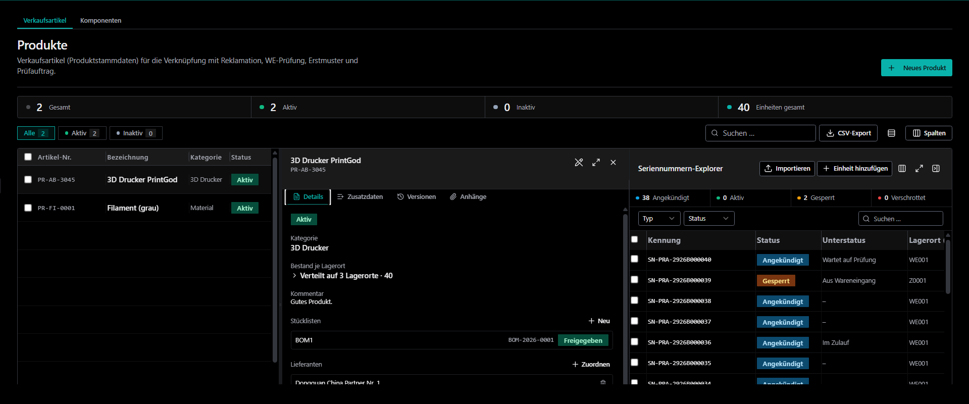 Produktstammdaten in EnterpriseCAQ: Verkaufsartikel mit Details, Beständen je Lagerort, freigegebener Stückliste und daneben der Seriennummern-Explorer mit Status je Einheit