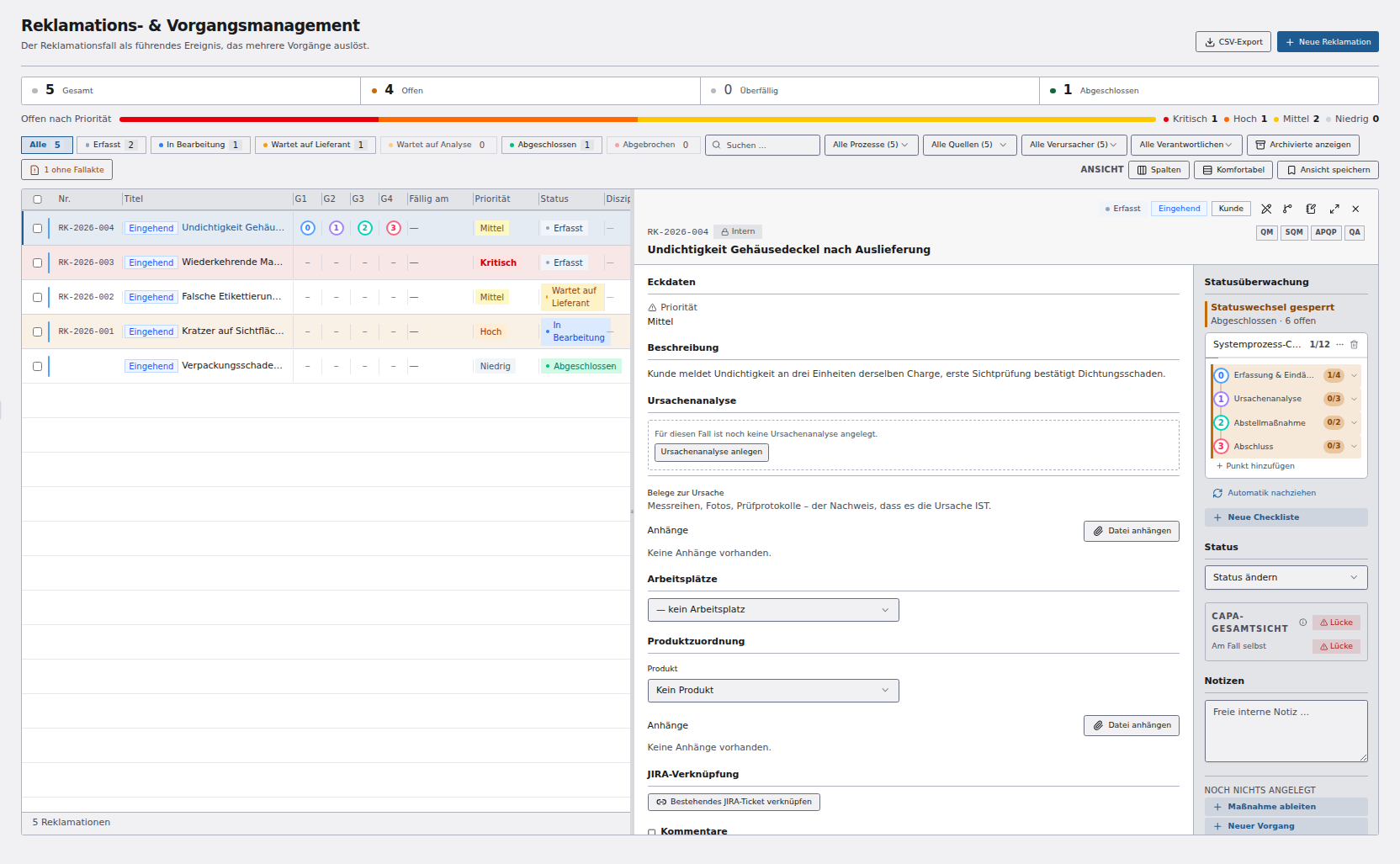 Reklamations- und Vorgangsmanagement in EnterpriseCAQ: Fallliste mit Status- und Prioritätsfiltern, rechts der ausgewählte Fall mit Gate-Statusüberwachung